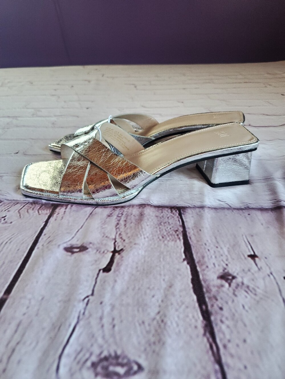 Metallic Silver Low Block Heel Slide Sandals Square Toe Crossover Foot Straps 9 - Picture 7 of 14
